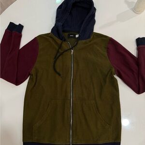 BDG Two-Tone Zip-Up Hoodie in Olive and Navy